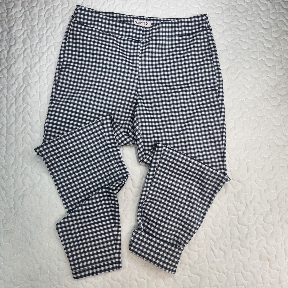 28"  Gingham Checked Stretch Pants PULL ON Grey black white Trouser Lepore SMALL
